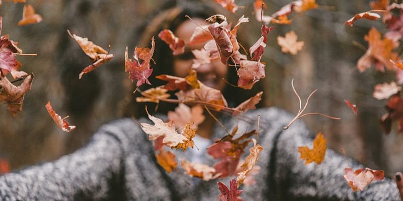 Woman playing with leaves fallen from a tree